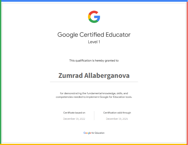 32-son umumta'lim maktabining Informatika va AT fani o'qituvchilari Allaberganova Z.R va Abdullayeva H.Sh xalqaro sertifikat qo'lga kiritishdi.